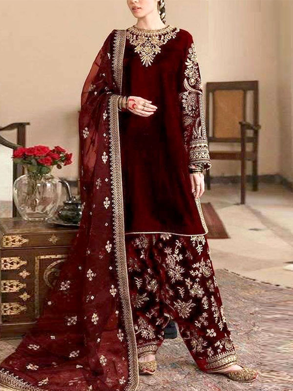 Velvet Luxury Embroidered Wedding Dress With Net Embroidered Dupatta Silk Heavy Embroidery Trouser (Unstitched) (CHI-1014)