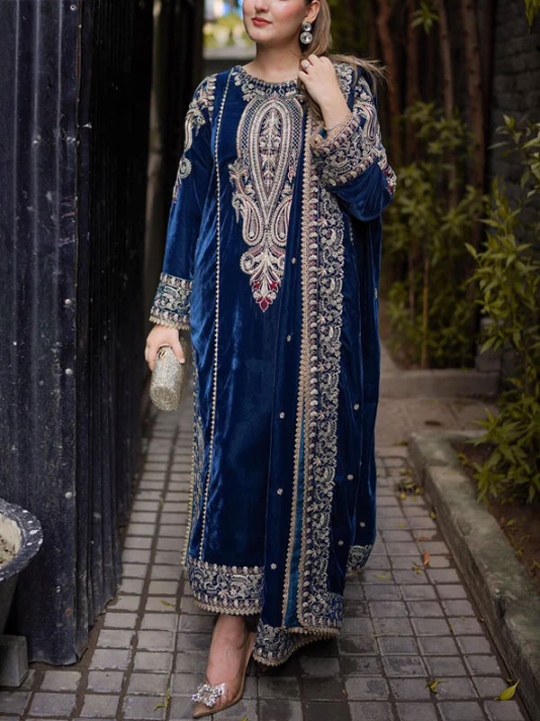 Velvet Spengle Embroidered Party Wear Dress With Velvet Embroidered Shawl (Unstitched) (CHI-1071)